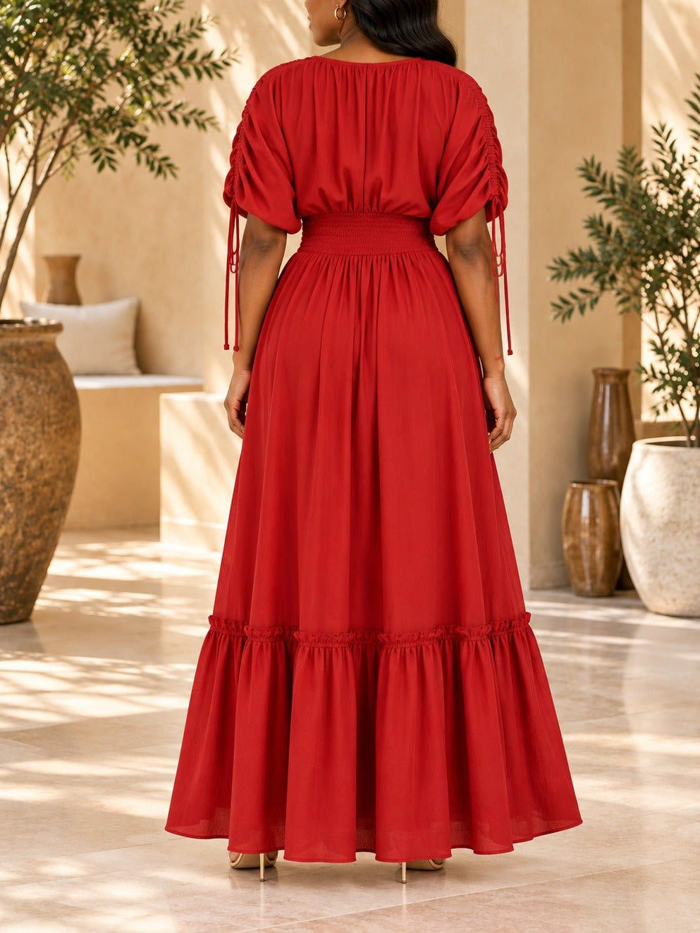 Ladies Red V-neck Drawstring Sleeve Tier Maxi Dress - StylePhase SA