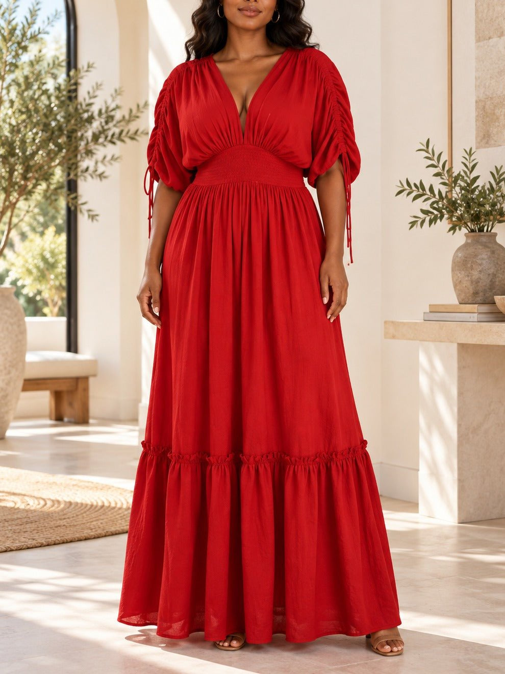 Ladies Red V-neck Drawstring Sleeve Tier Maxi Dress - StylePhase SA