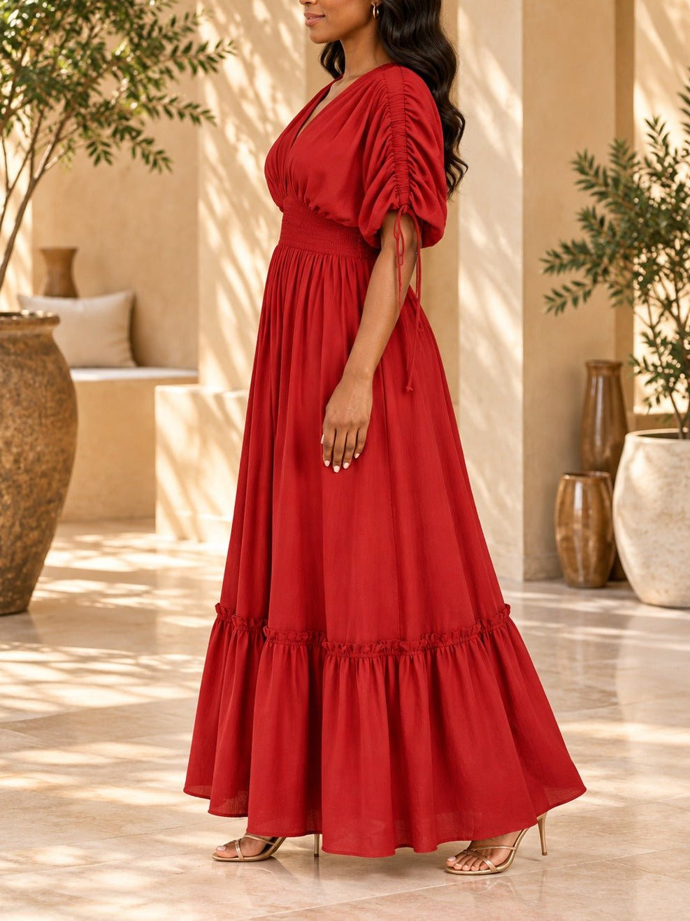 Ladies Red V-neck Drawstring Sleeve Tier Maxi Dress - StylePhase SA