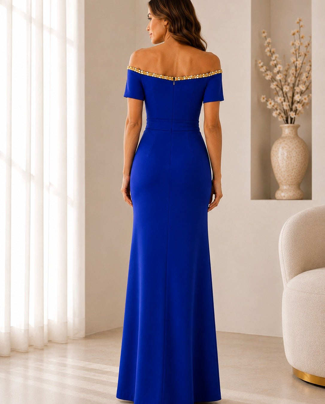 Ladies Royal Blue New Feeling Embellished Off Shoulder Maxi Dress - StylePhase SA