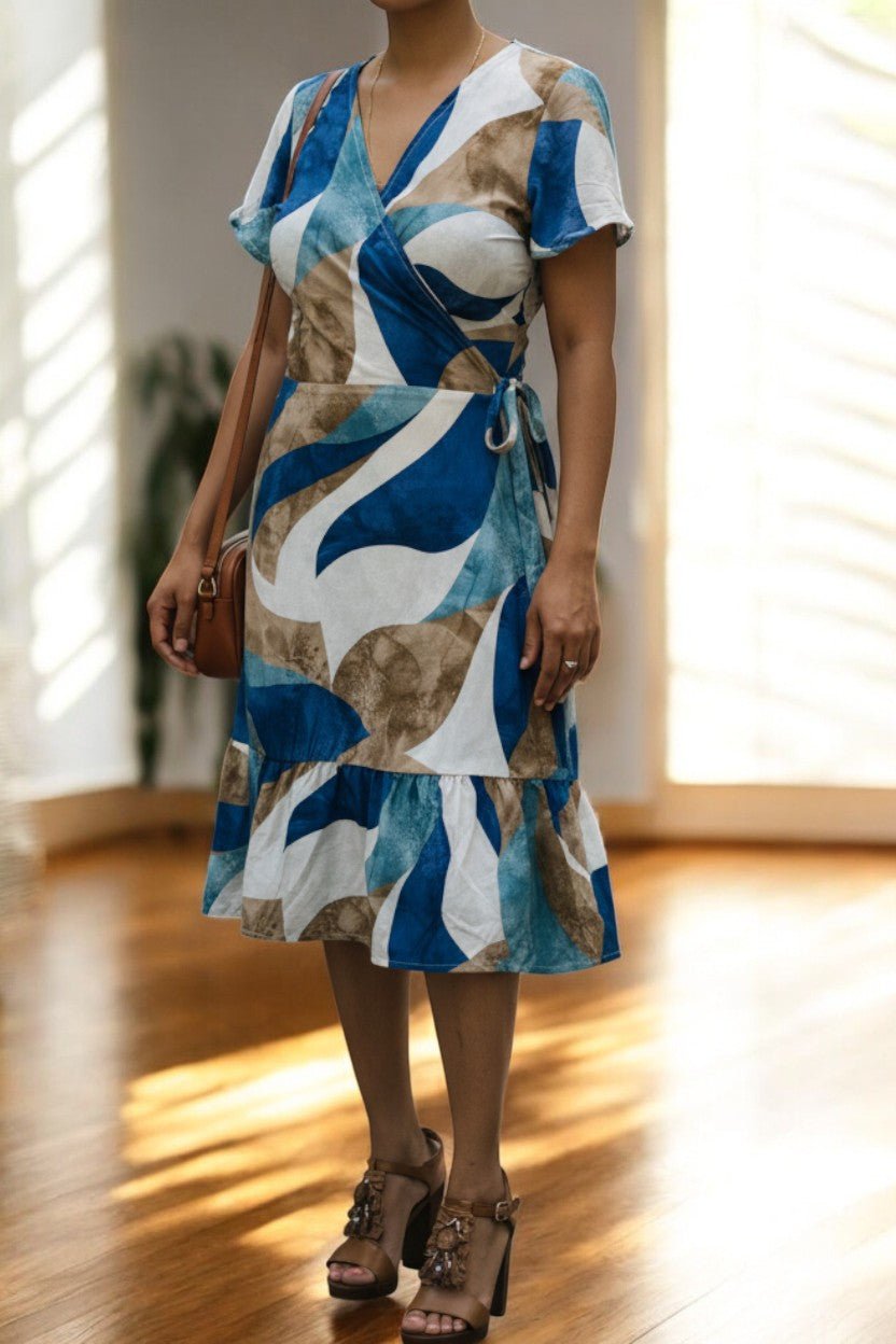 Ladies Ruffel Wrap Dress - Brown And Navy - StylePhase SA