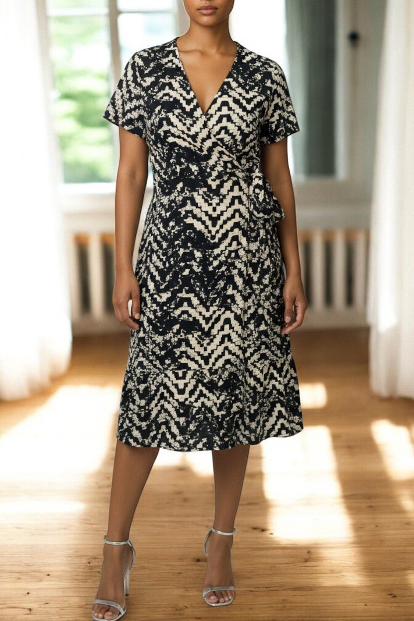 Ladies Ruffel Wrap Dress - Cream And Black - StylePhase SA