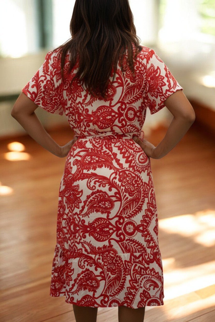 Ladies Ruffel Wrap Dress - Cream And Red - StylePhase SA
