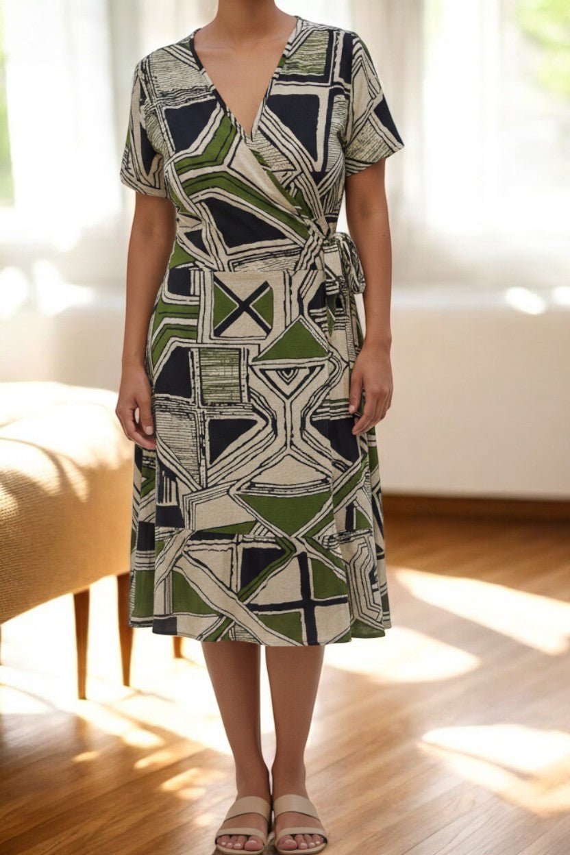 Ladies Ruffel Wrap Dress - Olive And Black - StylePhase SA