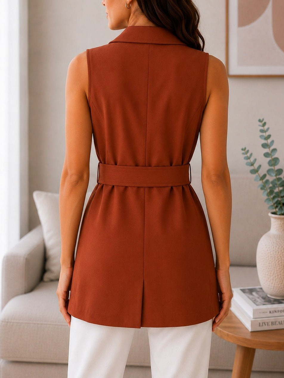 Ladies Rust Double Breasted Belted Longline Waistcoat - StylePhase SA