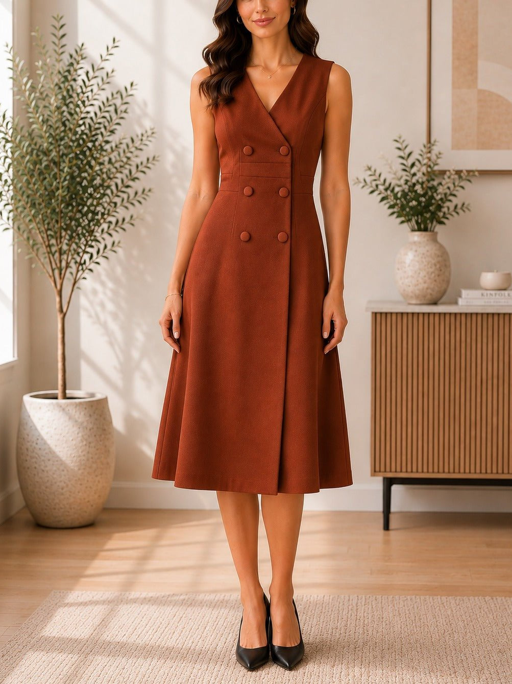 Ladies Rust Double-Breasted Sleeveless Midi Dress - StylePhase SA