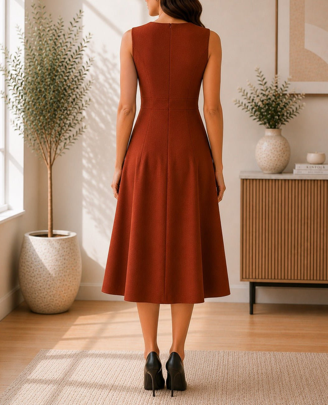 Ladies Rust Double-Breasted Sleeveless Midi Dress - StylePhase SA