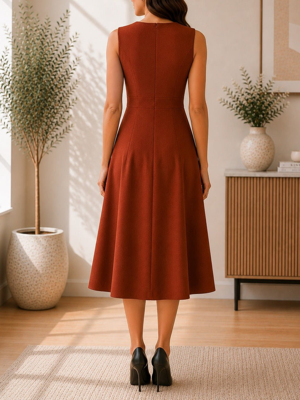 Ladies Rust Double-Breasted Sleeveless Midi Dress - StylePhase SA