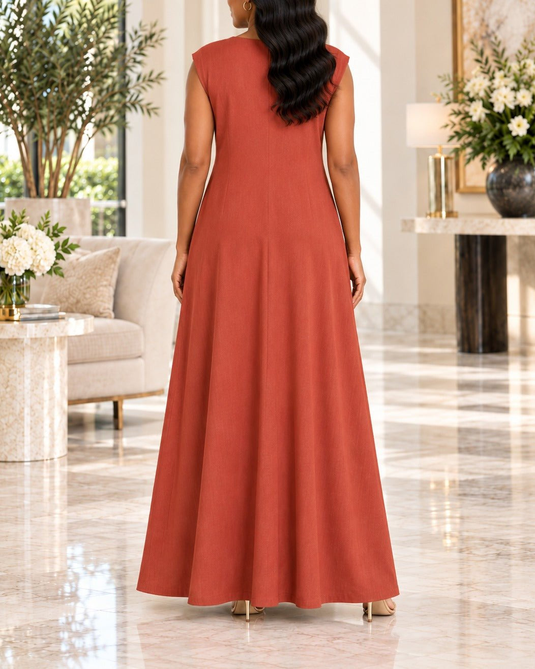 Ladies Rust Sleeveless Sunburst Brooch Maxi Dress - StylePhase SA