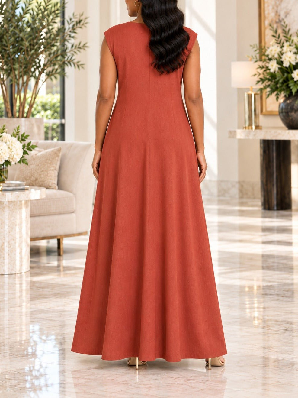 Ladies Rust Sleeveless Sunburst Brooch Maxi Dress - StylePhase SA