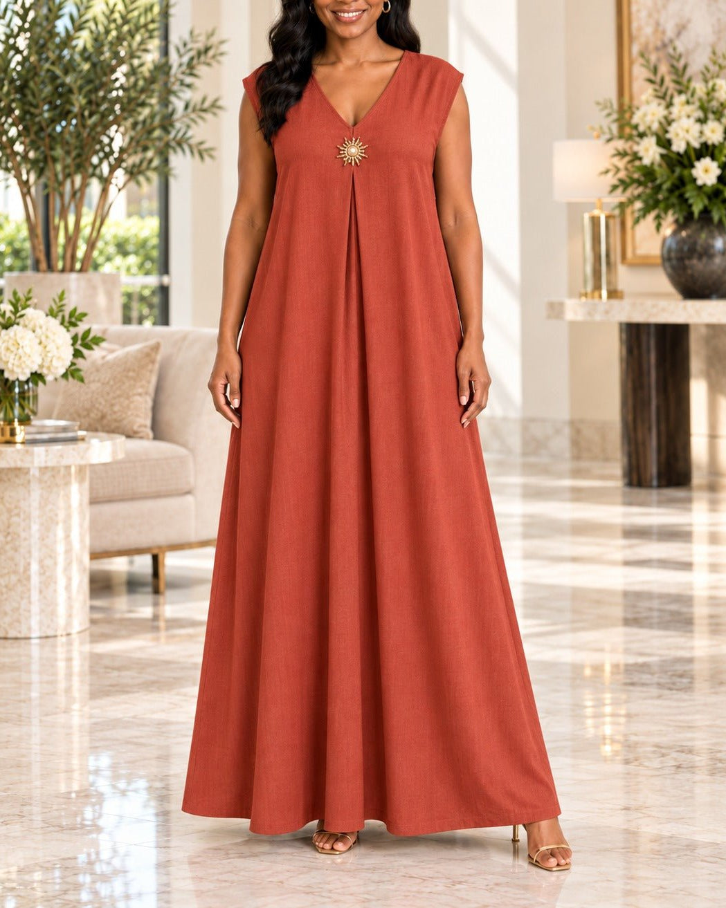 Ladies Rust Sleeveless Sunburst Brooch Maxi Dress - StylePhase SA