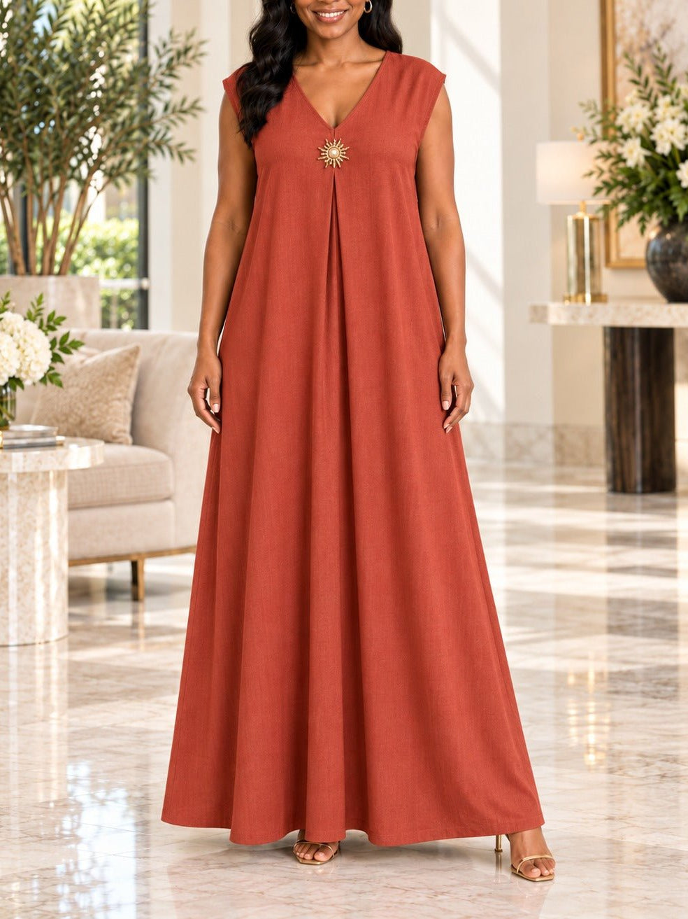 Ladies Rust Sleeveless Sunburst Brooch Maxi Dress - StylePhase SA