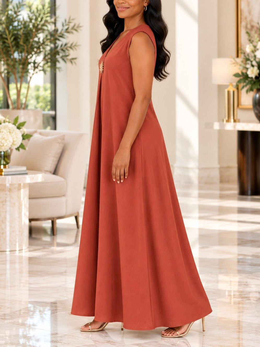 Ladies Rust Sleeveless Sunburst Brooch Maxi Dress - StylePhase SA