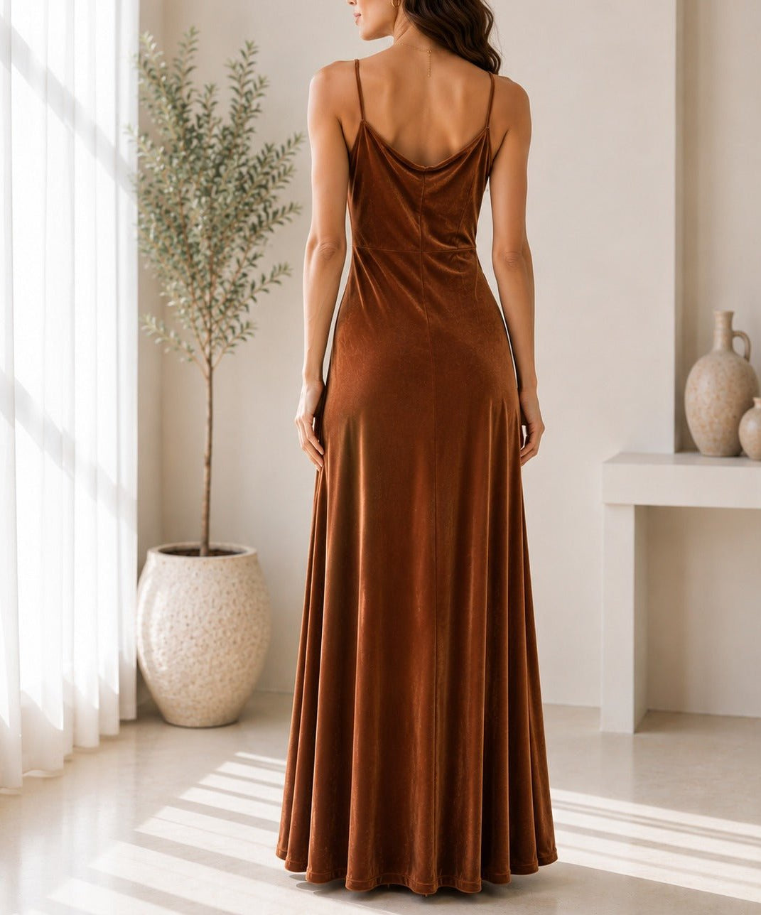 Ladies Rust Velour Strappy Maxi Dress - StylePhase SA