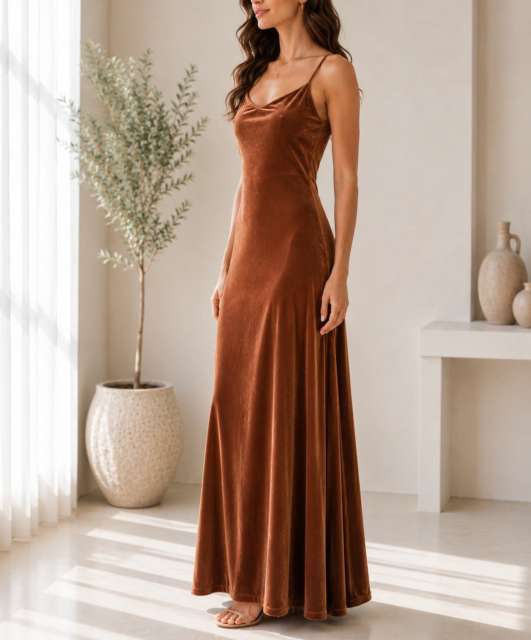Ladies Rust Velour Strappy Maxi Dress - StylePhase SA