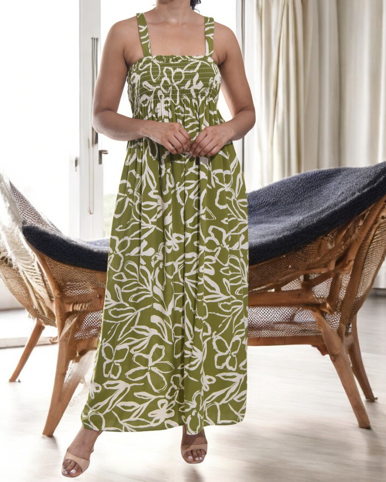 Ladies Strappy Ruche Dress - Olive Green And White Floral - StylePhase SA