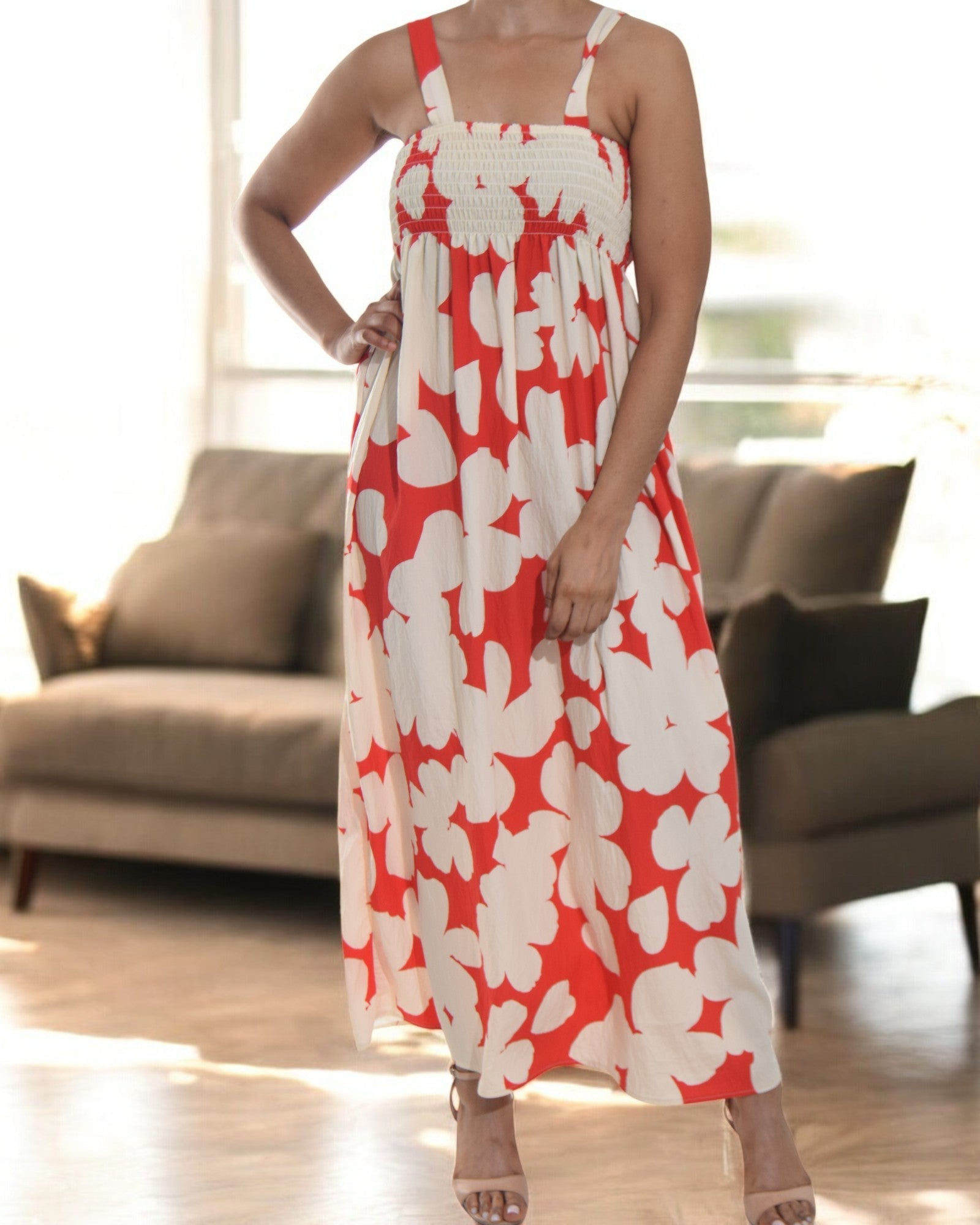 Ladies Strappy Ruche Dress - Orange And White Floral - StylePhase SA