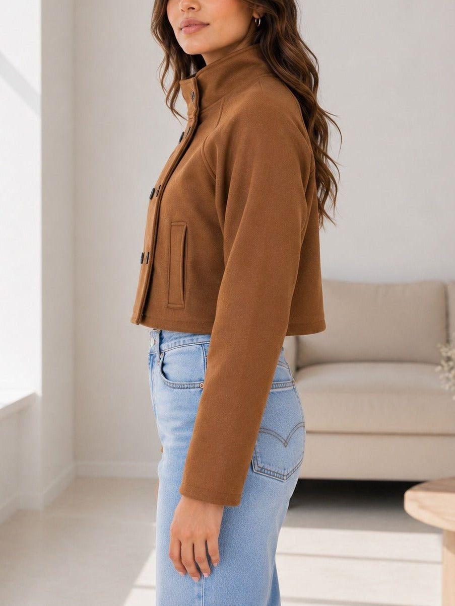 Ladies Tan Double Breasted Crop Jacket - StylePhase SA