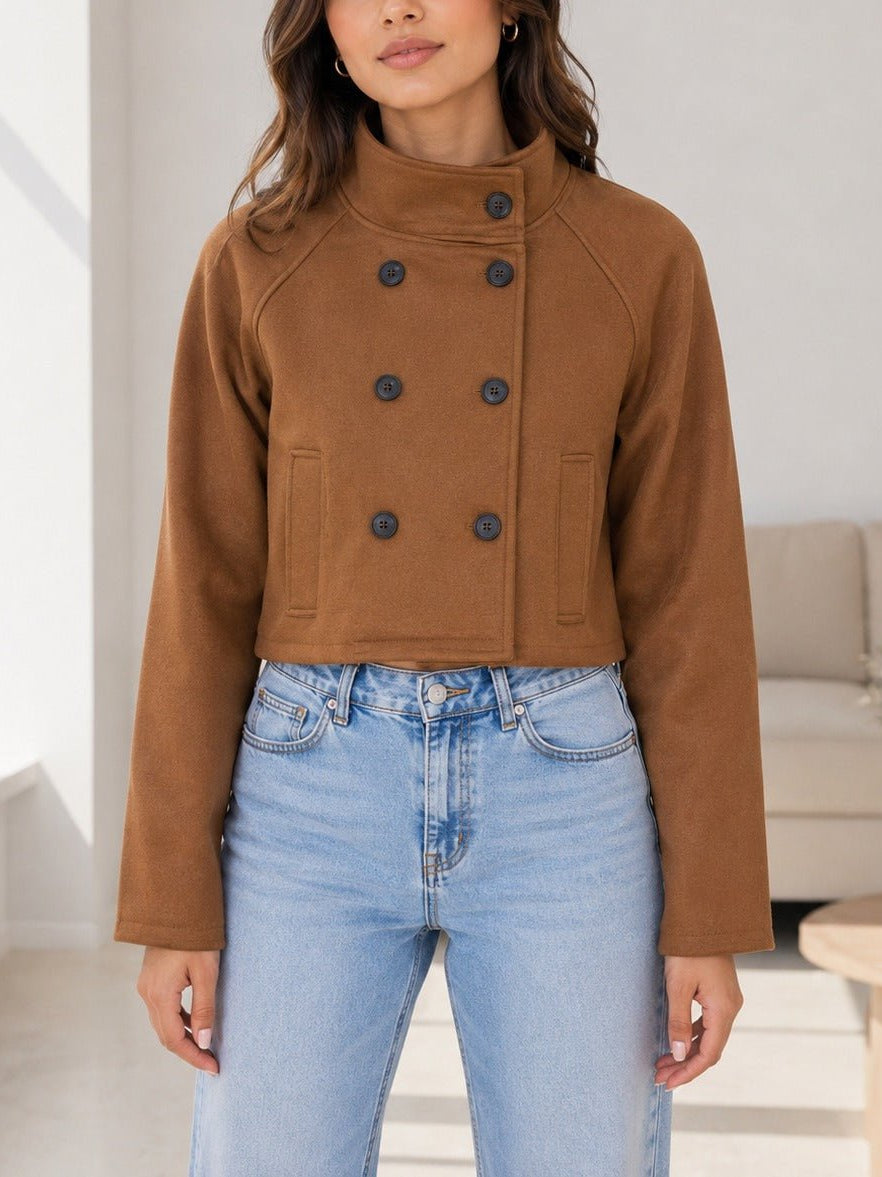 Ladies Tan Double Breasted Crop Jacket - StylePhase SA