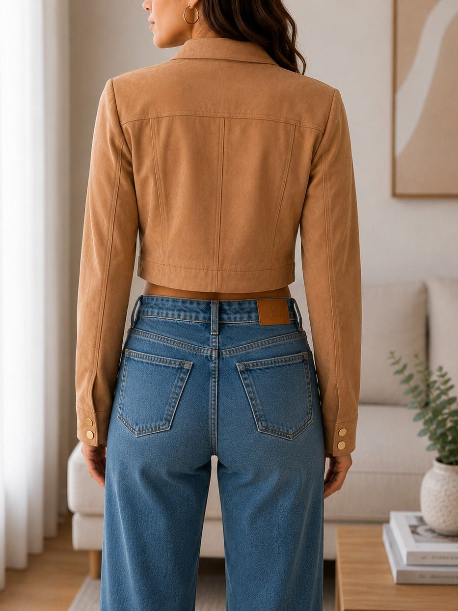 Ladies Tan Faux Suede Cropped Jacket - StylePhase SA