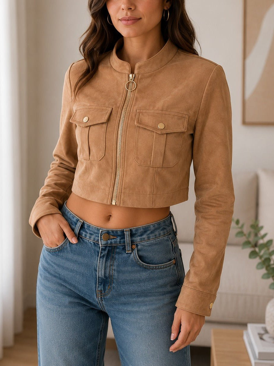Ladies Tan Faux Suede Cropped Jacket - StylePhase SA