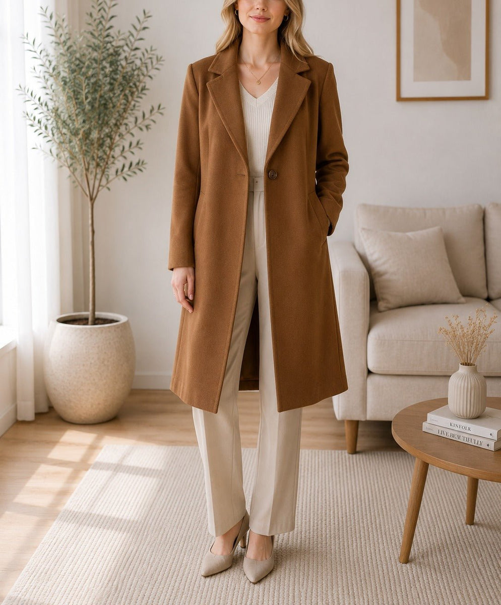 Ladies Tan Single Button Melton Open Coat – StylePhase SA