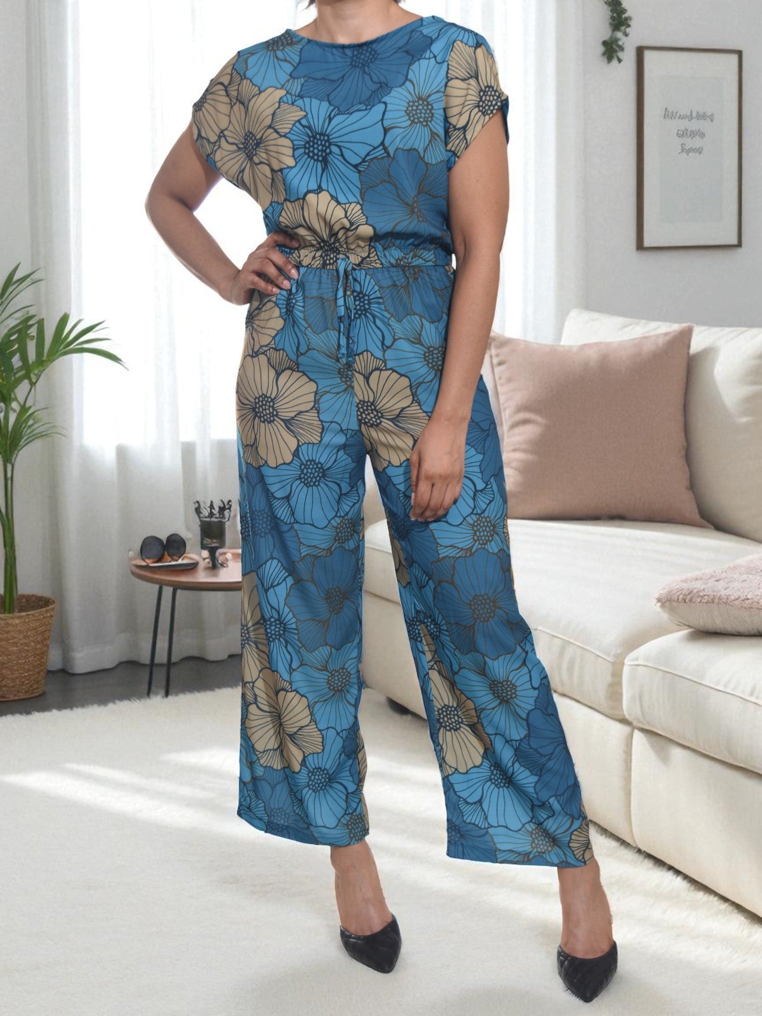 Ladies Teal Floral Wide Leg Jumpsuit - StylePhase SA