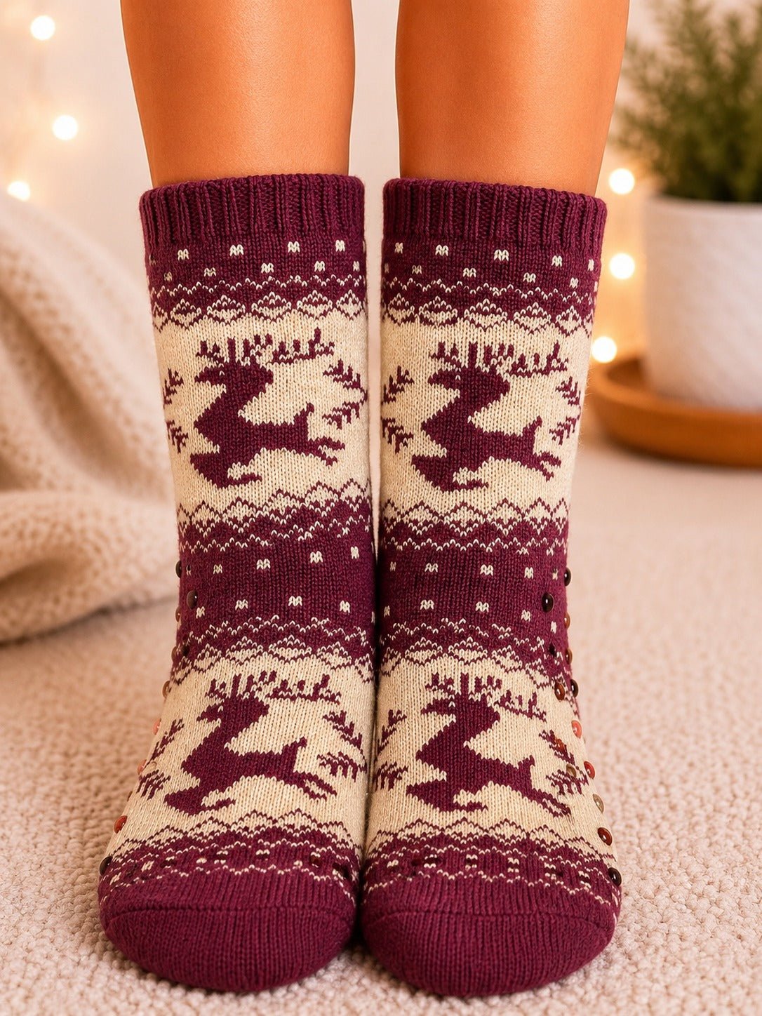 Ladies Thermal Slipper Socks - Maroon And Biege - StylePhase SA