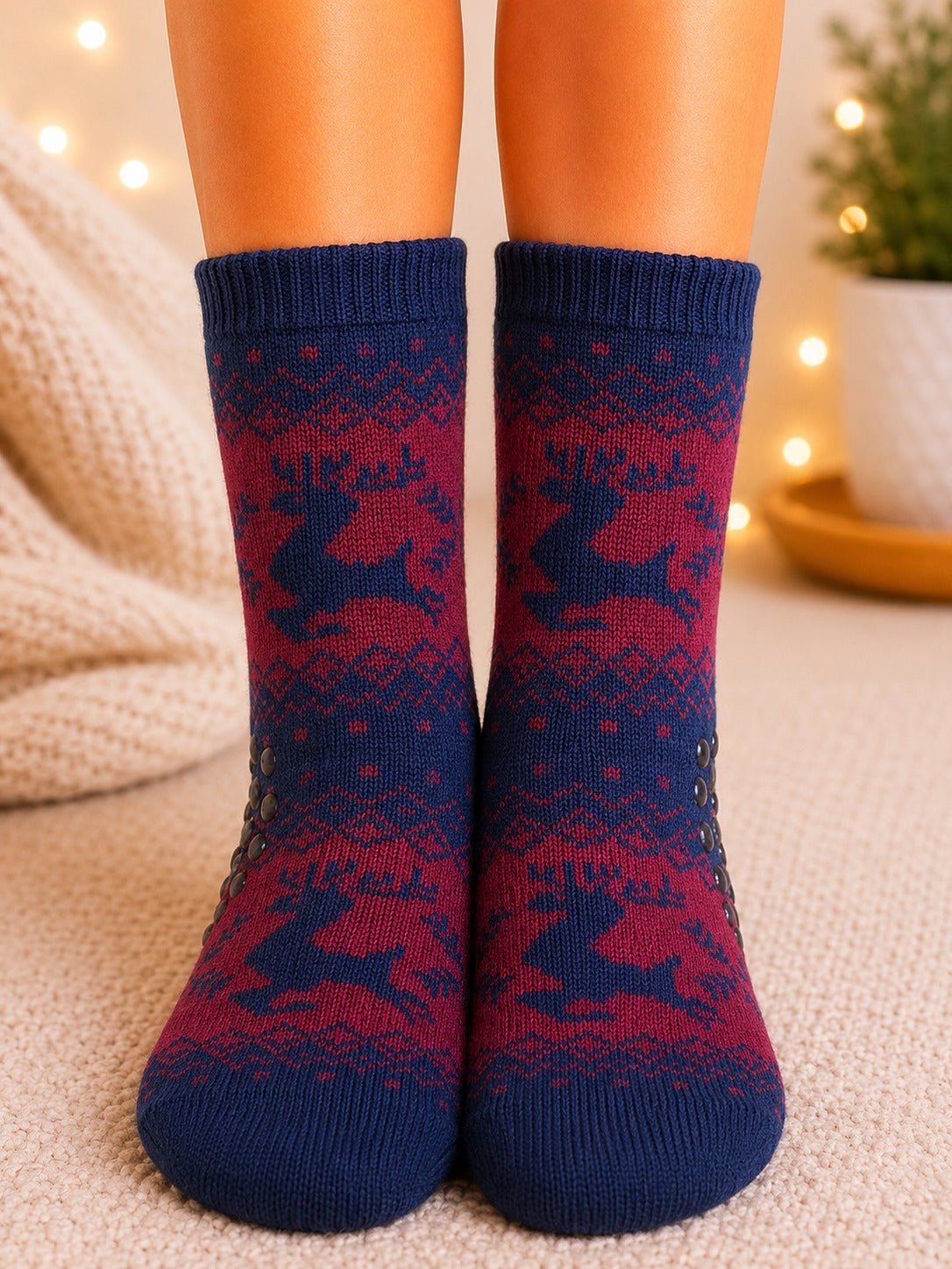 Ladies Thermal Slipper Socks - Navy And Maroon - StylePhase SA