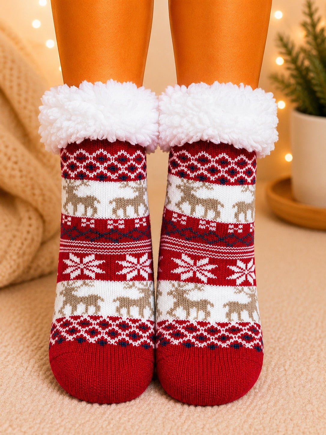 Ladies Thermal Slipper Socks - Red And Brown - StylePhase SA