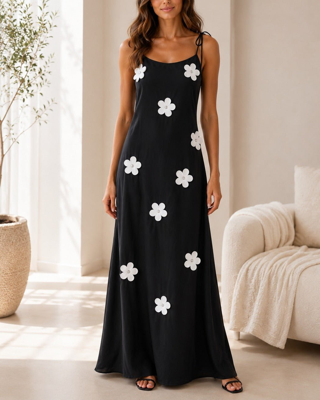 Ladies Tie Strap Black New Feeling 3D Floral Detail Dress - StylePhase SA