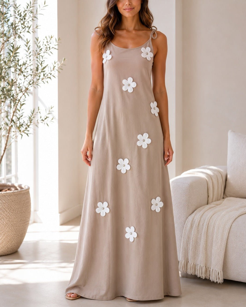 Ladies Tie Straps Beige New Feeling 3D Floral Detail Dress - StylePhase SA