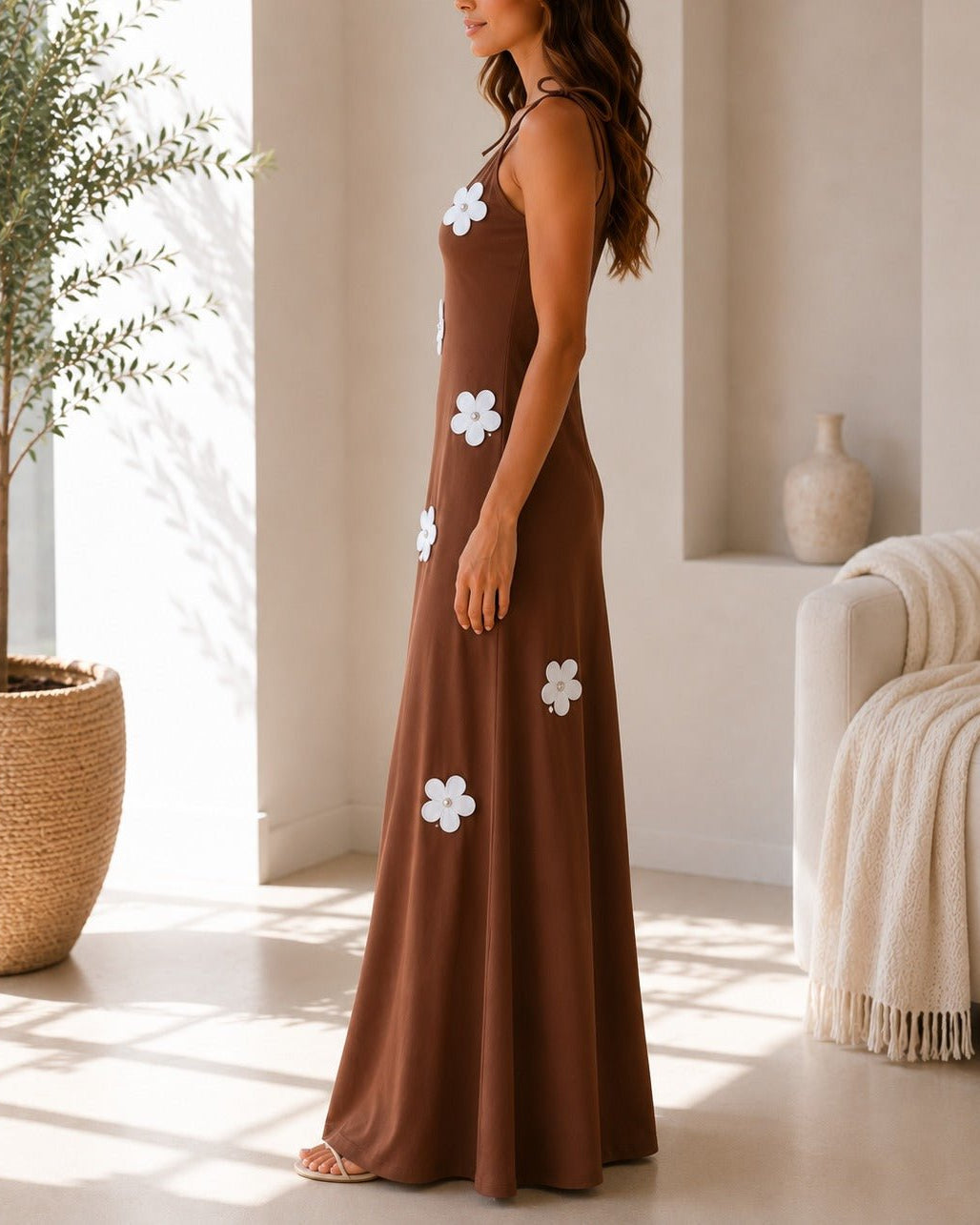 Ladies Tie Straps Brown New Feeling 3D Floral Detail Dress - StylePhase SA