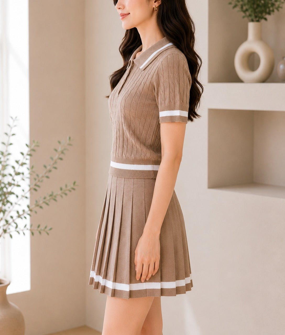 Ladies Two Piece Knit Jersey Golfer And Pleated Skirt -Beige - StylePhase SA