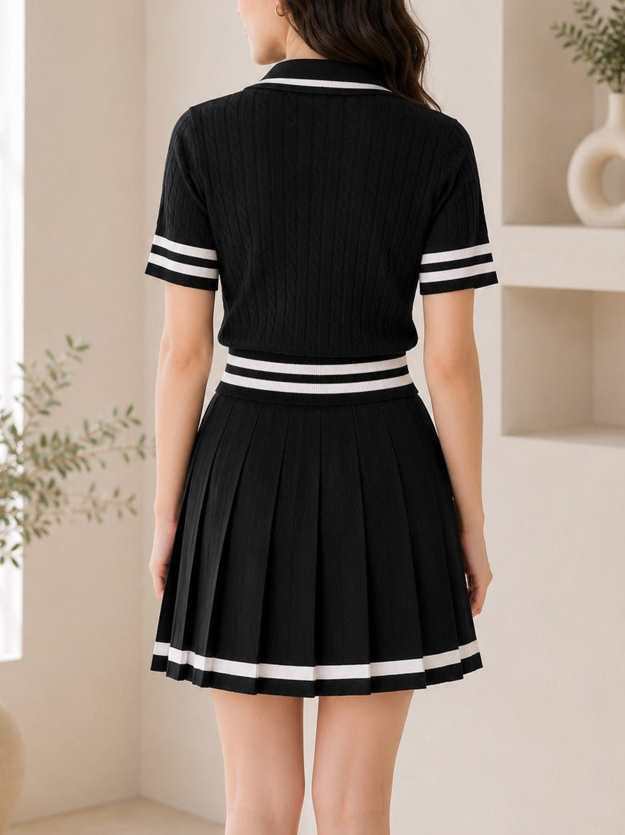 Ladies Two Piece Knit Jersey Golfer And Pleated Skirt-Black - StylePhase SA