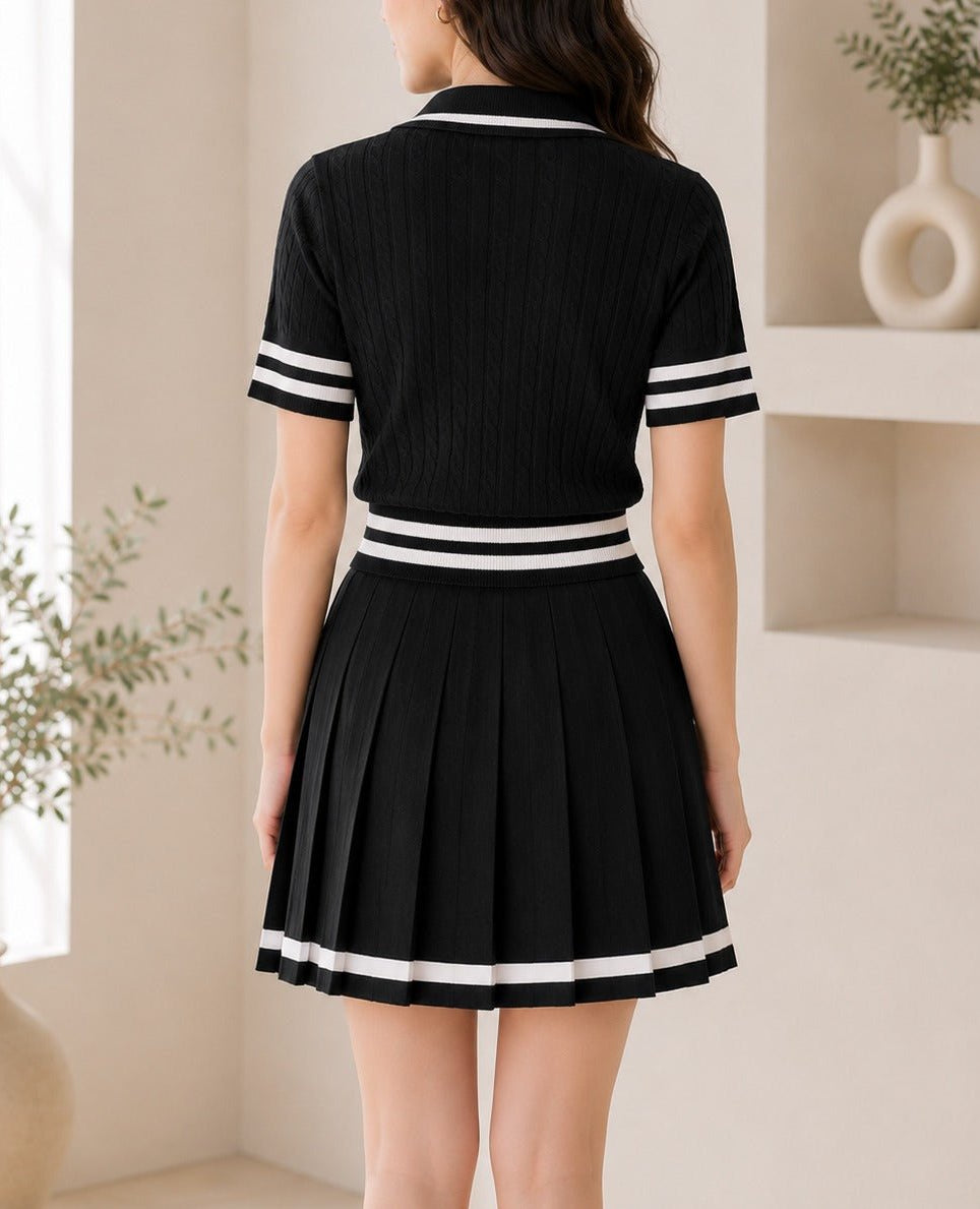 Ladies Two Piece Knit Jersey Golfer And Pleated Skirt-Black - StylePhase SA