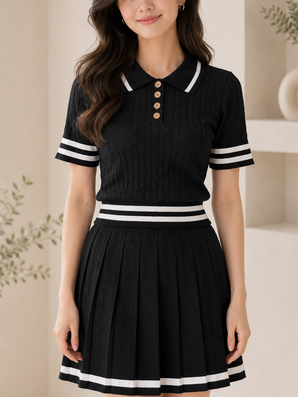 Ladies Two Piece Knit Jersey Golfer And Pleated Skirt-Black - StylePhase SA