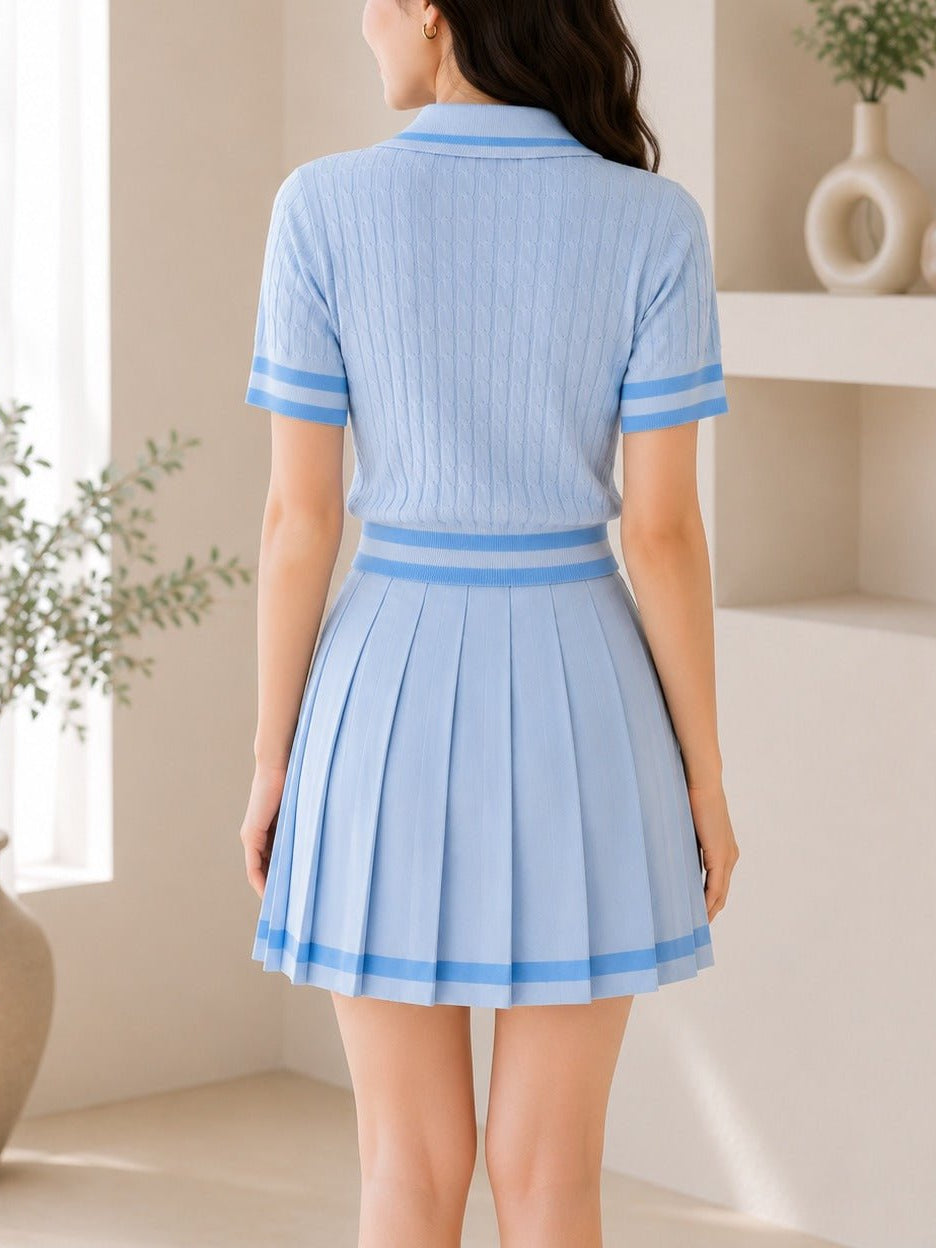 Ladies Two Piece Knit Jersey Golfer And Pleated Skirt -Blue - StylePhase SA