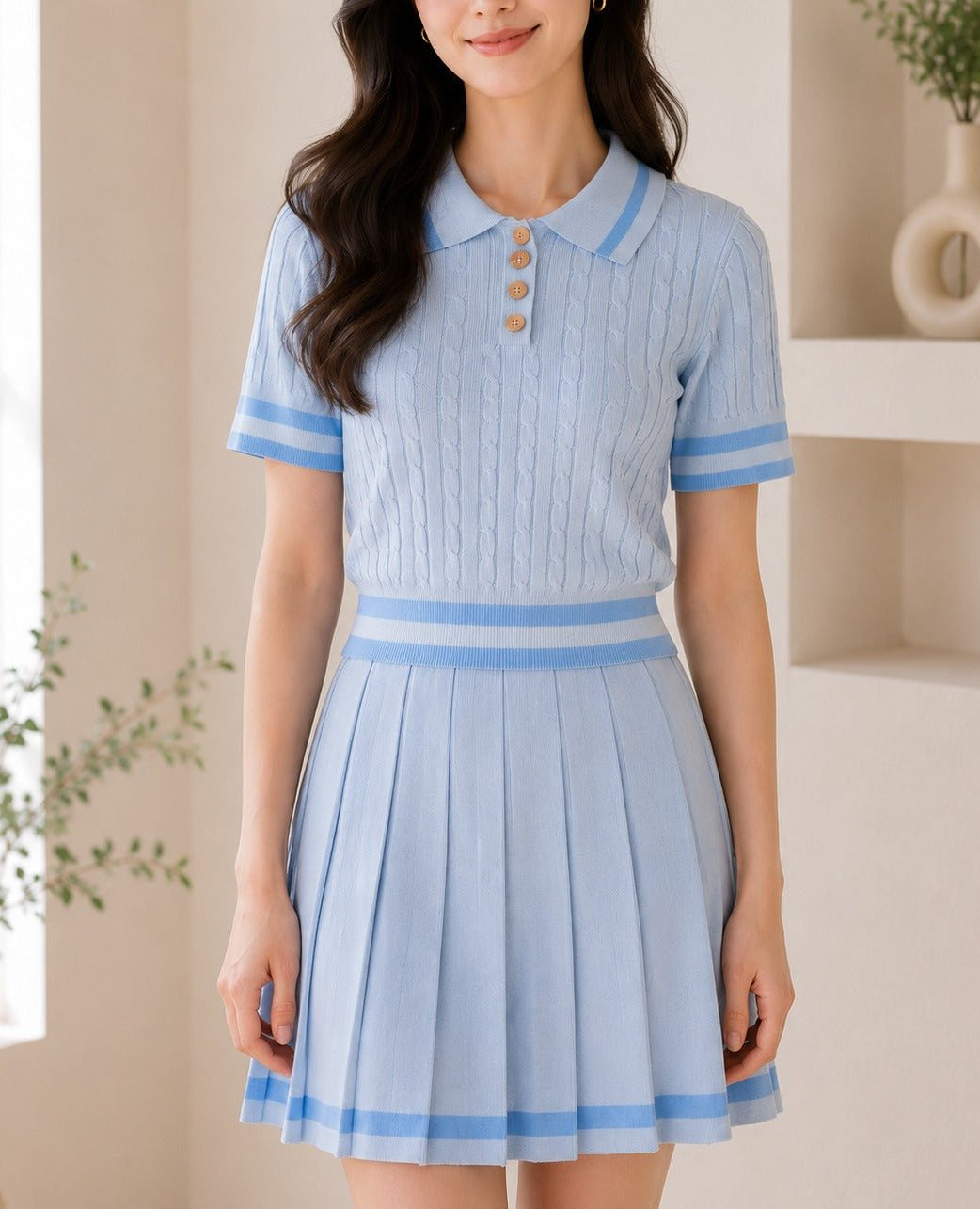 Ladies Two Piece Knit Jersey Golfer And Pleated Skirt -Blue - StylePhase SA