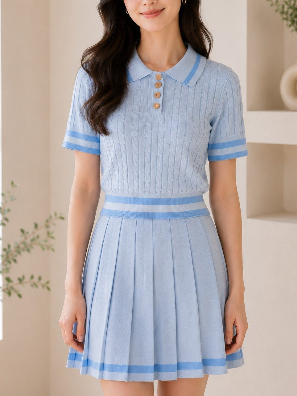 Ladies Two Piece Knit Jersey Golfer And Pleated Skirt -Blue - StylePhase SA
