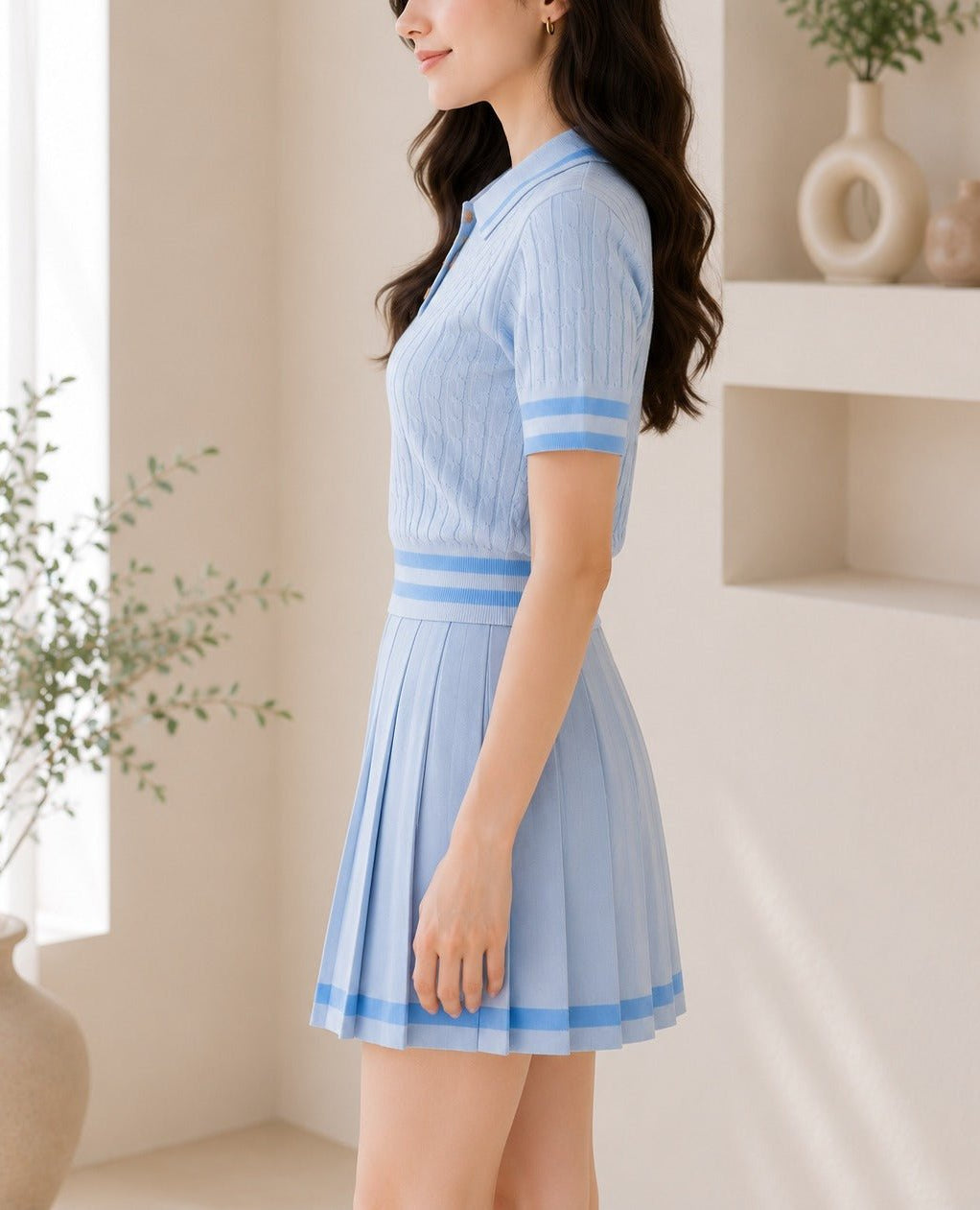 Ladies Two Piece Knit Jersey Golfer And Pleated Skirt -Blue - StylePhase SA