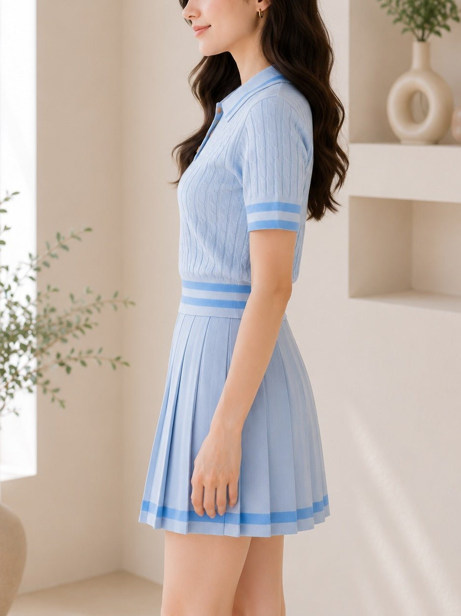 Ladies Two Piece Knit Jersey Golfer And Pleated Skirt -Blue - StylePhase SA