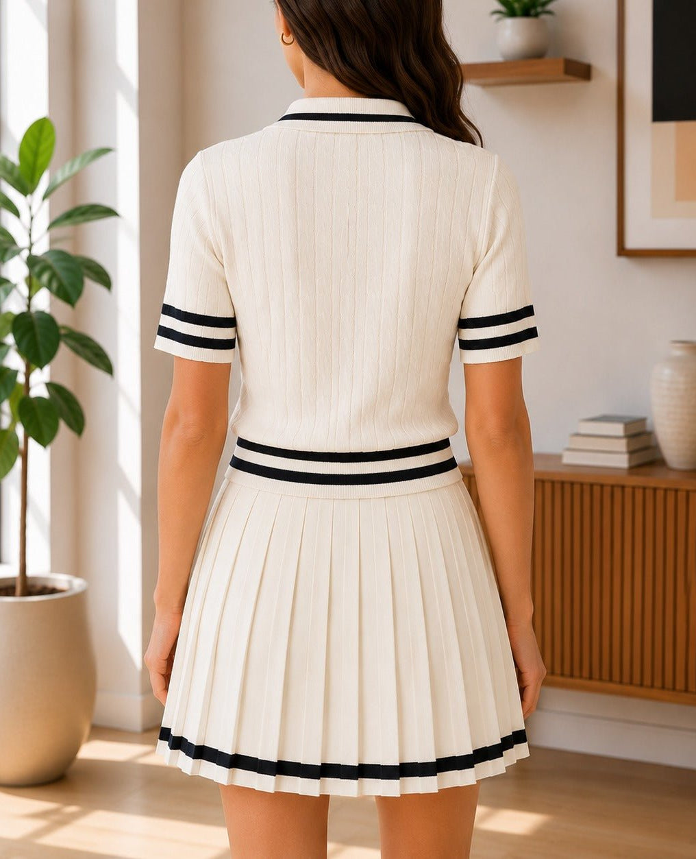 Ladies Two Piece Knit Jersey Golfer And Pleated Skirt -Cream - StylePhase SA