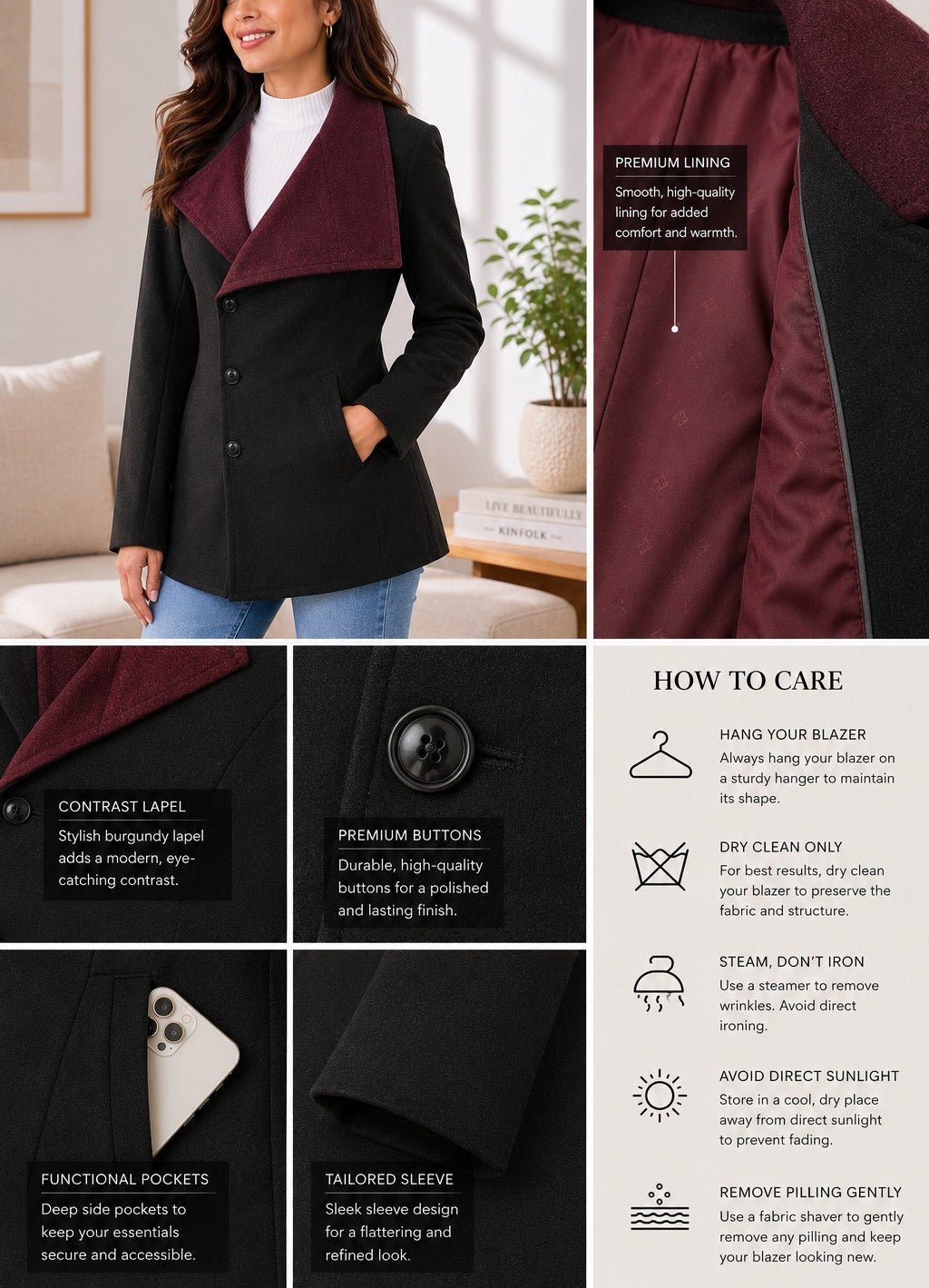 Ladies Two Tone Slim Fit Blazer Coat - Maroon And Black - StylePhase SA