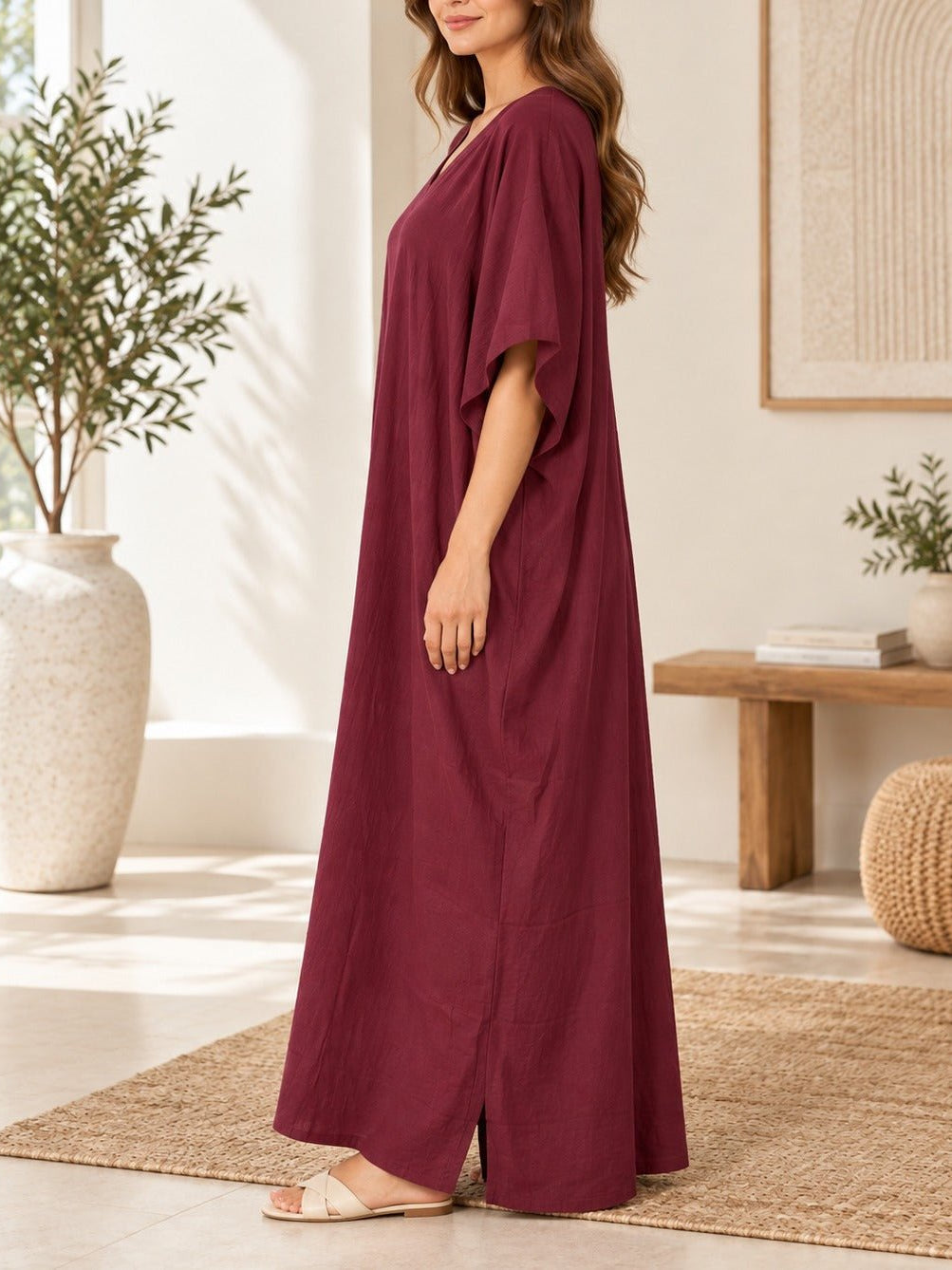 Ladies V-neck Kaftan -Maroon - StylePhase SA