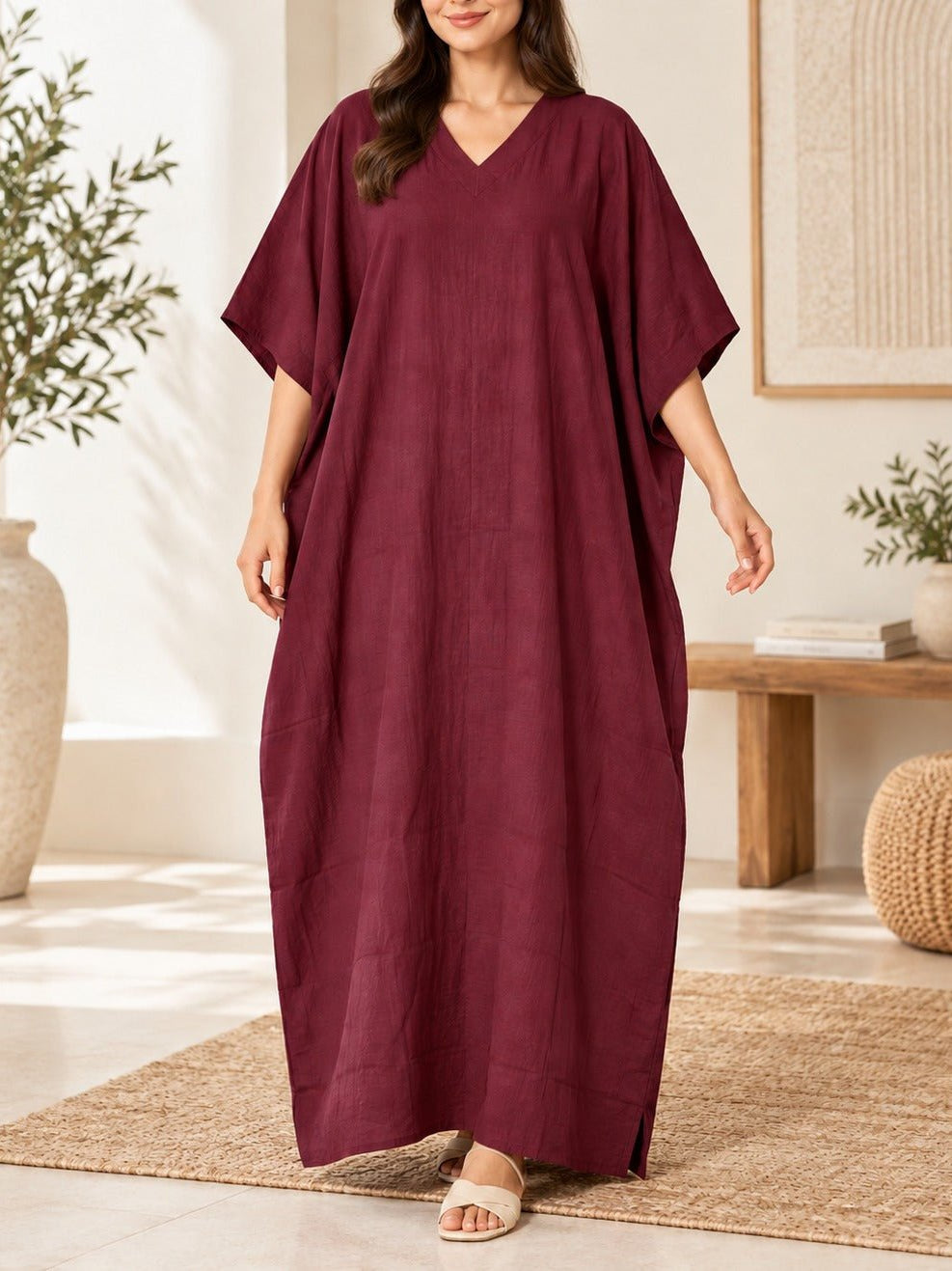 Ladies V-neck Kaftan -Maroon - StylePhase SA