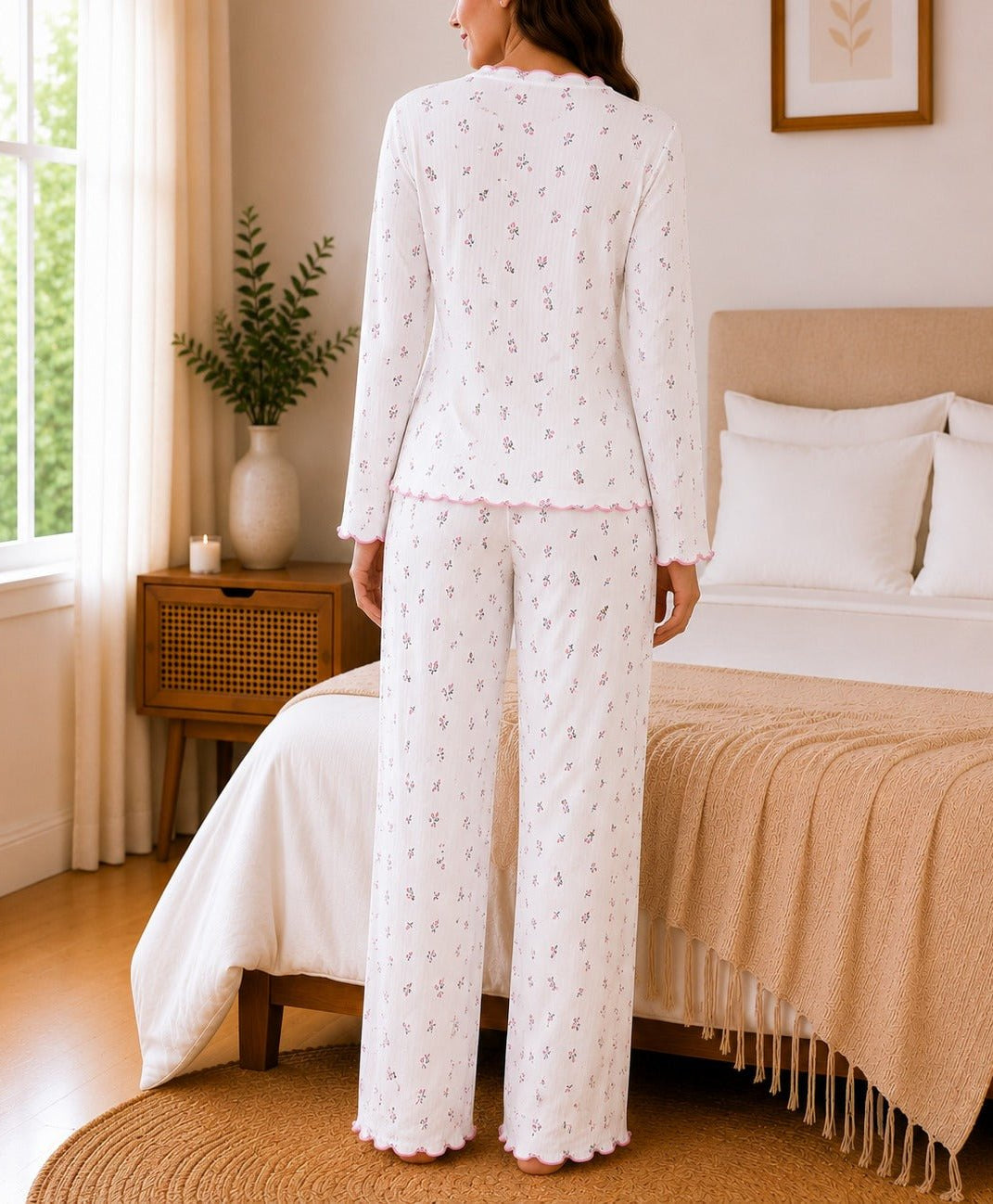 Ladies White And Pink Bow Detail Pyjama - StylePhase SA