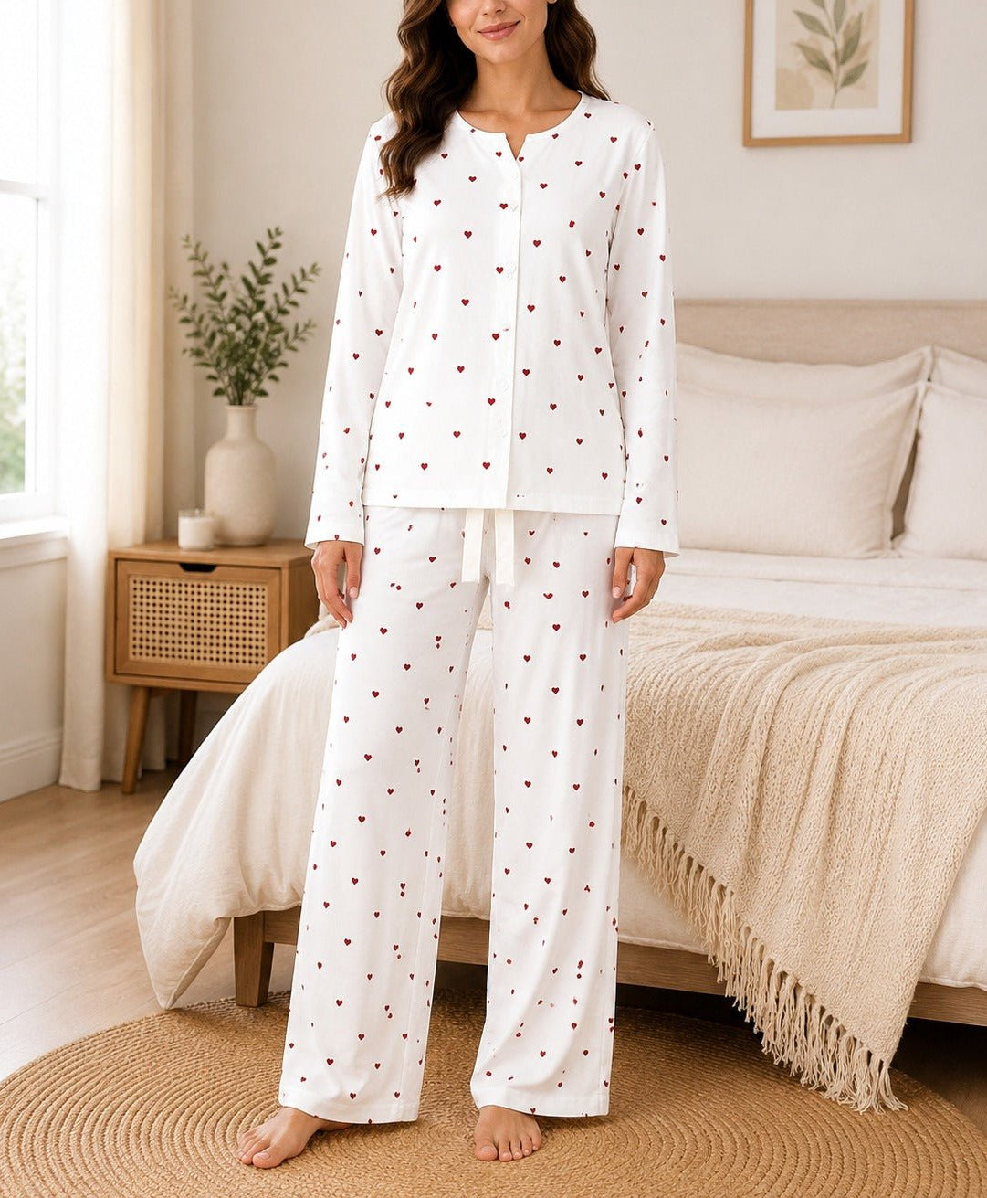 Ladies White And Red Heart Button Pyjama - StylePhase SA