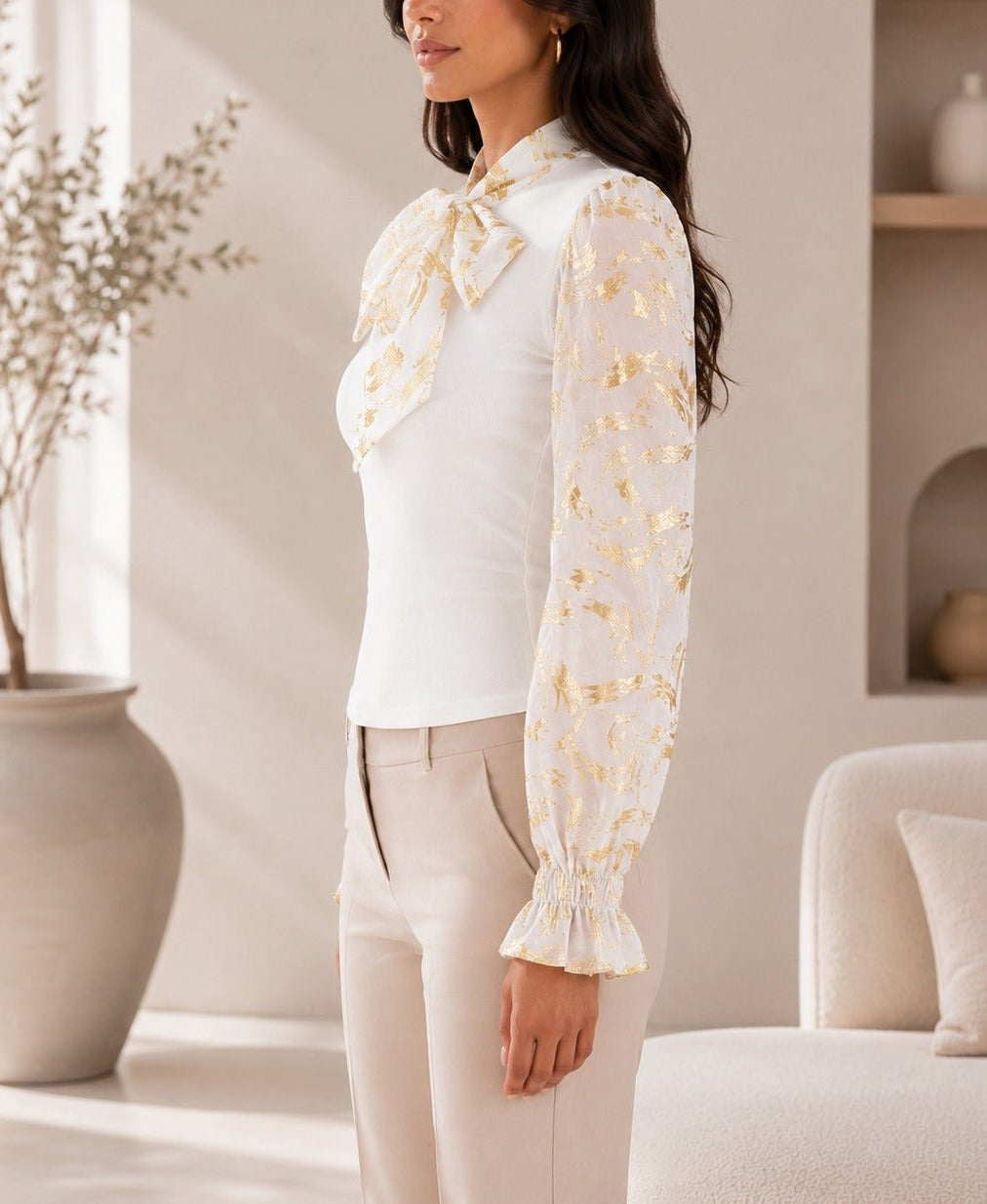 Ladies White Floral Print Tie Neck Mesh Sleeve Top - StylePhase SA