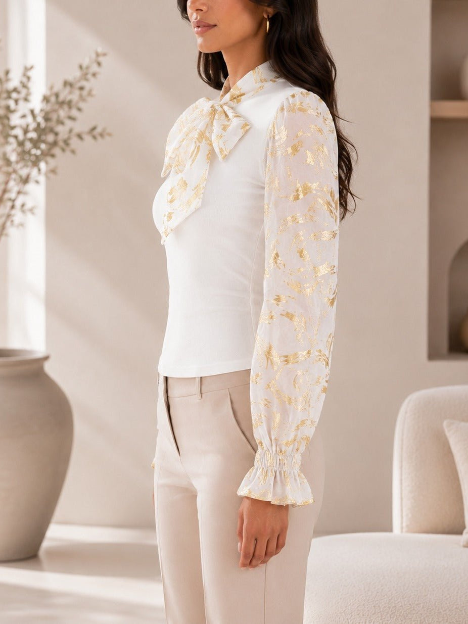 Ladies White Floral Print Tie Neck Mesh Sleeve Top - StylePhase SA